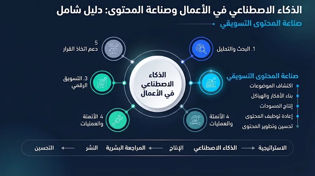 الذكاء الاصطناعي داخل منظومة الأعمال: من الاستراتيجية والإنتاج إلى المراجعة والتحسين.