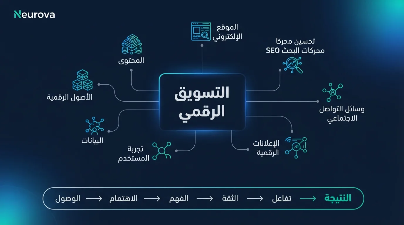 مخطط يوضح مكونات منظومة التسويق الرقمي والعلاقة بينها