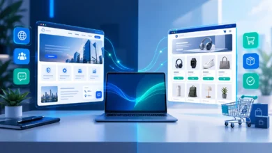 مقارنة بصرية بين موقع إلكتروني تعريفي يعرض خدمات شركة ومتجر إلكتروني يعرض المنتجات وسلة المشتريات.
